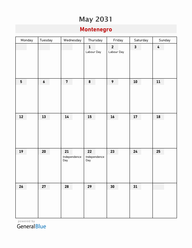 Montenegro May 2031 Calendar with Holidays