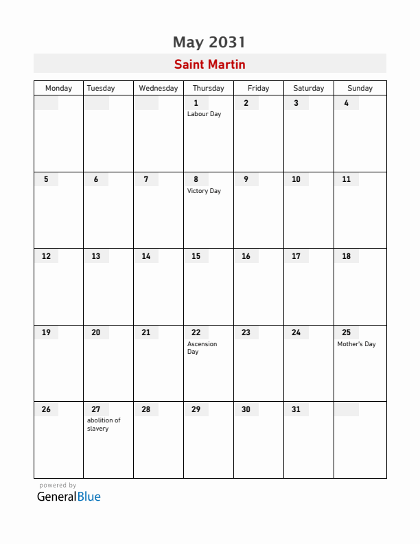 Saint Martin May 2031 Calendar with Holidays