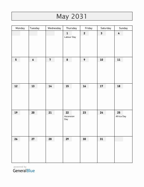 Madagascar May 2031 Calendar with Holidays