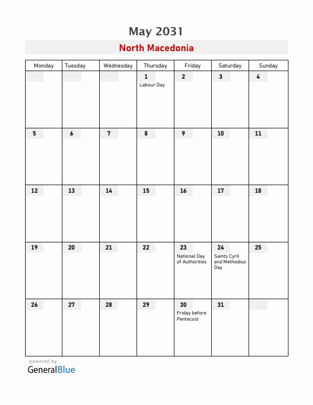 North Macedonia May 2031 Calendar with Holidays