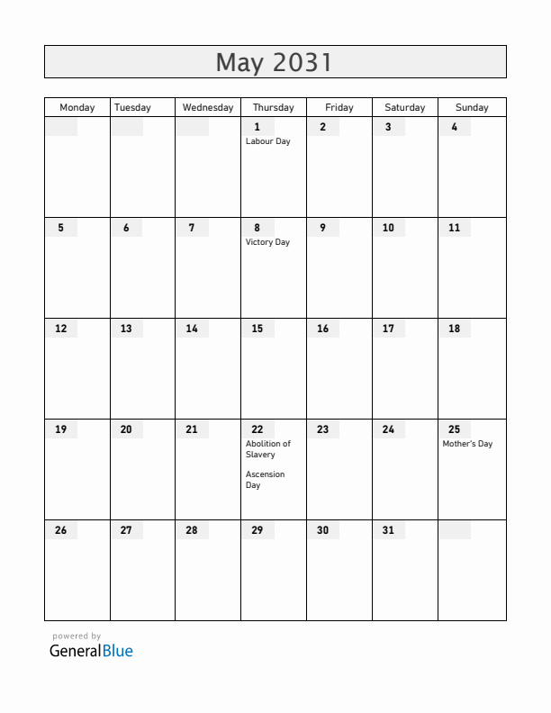 Martinique May 2031 Calendar with Holidays
