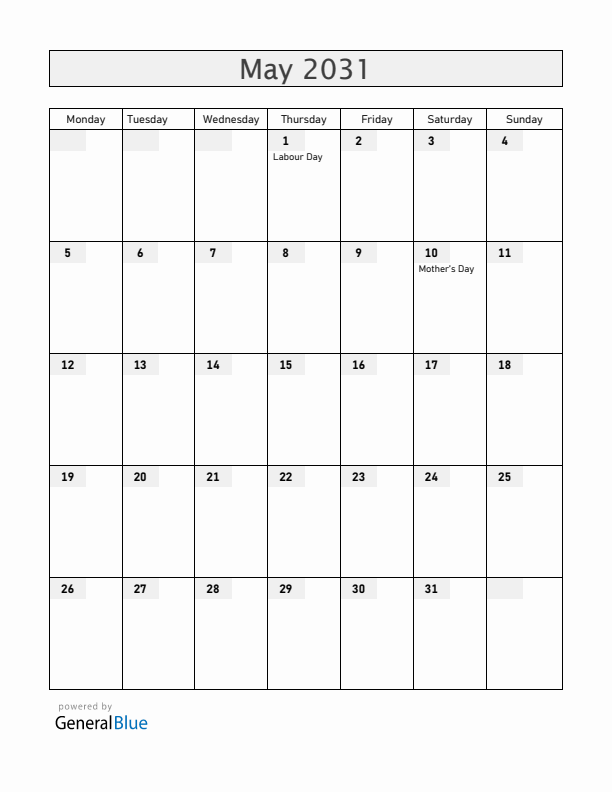 Mexico May 2031 Calendar with Holidays