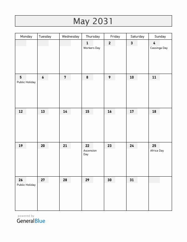 Namibia May 2031 Calendar with Holidays