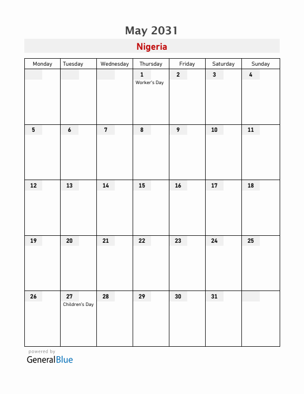 Nigeria May 2031 Calendar with Holidays