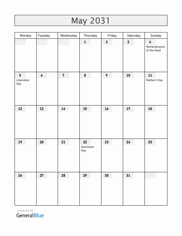 The Netherlands May 2031 Calendar with Holidays