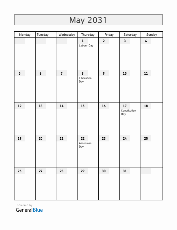 Norway May 2031 Calendar with Holidays