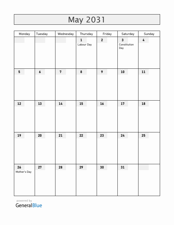 Poland May 2031 Calendar with Holidays