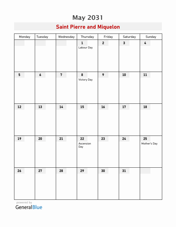 Saint Pierre and Miquelon May 2031 Calendar with Holidays
