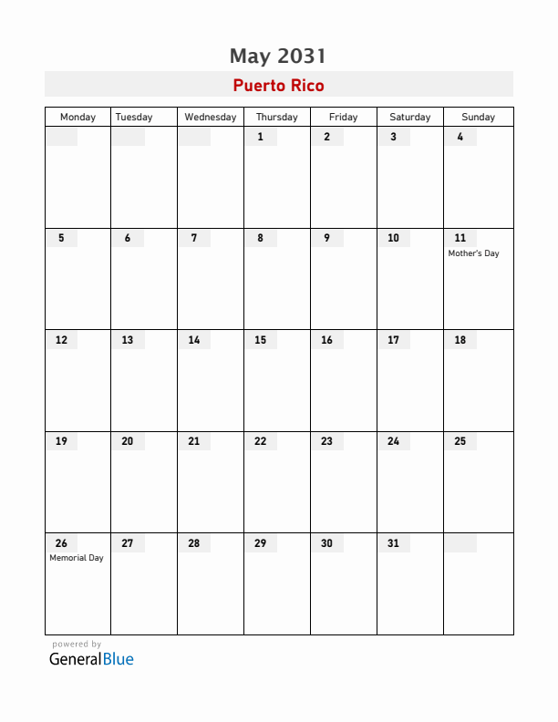 Puerto Rico May 2031 Calendar with Holidays