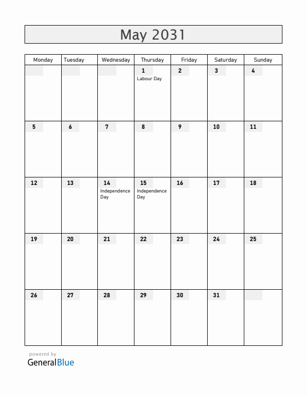 Paraguay May 2031 Calendar with Holidays