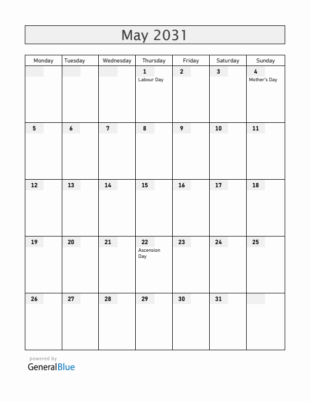 Romania May 2031 Calendar with Holidays