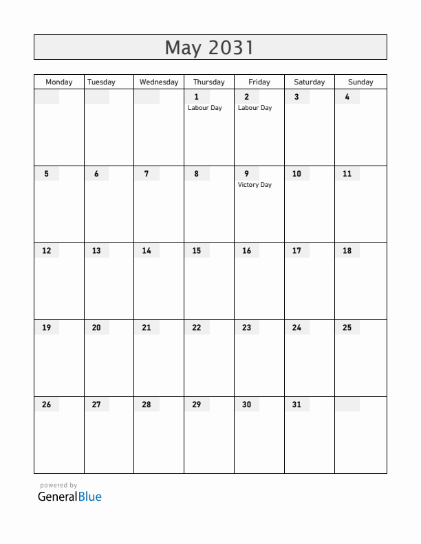 Serbia May 2031 Calendar with Holidays