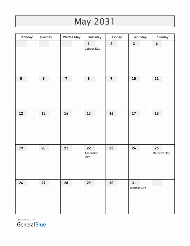 Sweden May 2031 Calendar with Holidays