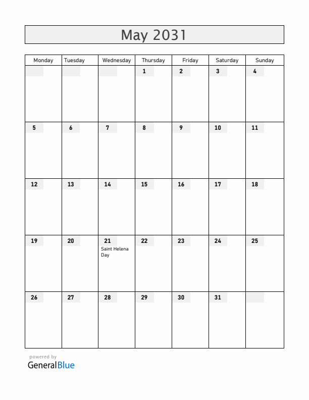 Saint Helena May 2031 Calendar with Holidays