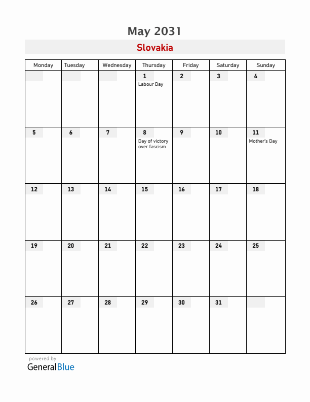 Slovakia May 2031 Calendar with Holidays