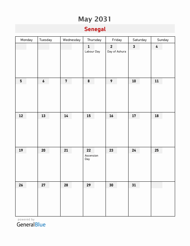 Senegal May 2031 Calendar with Holidays