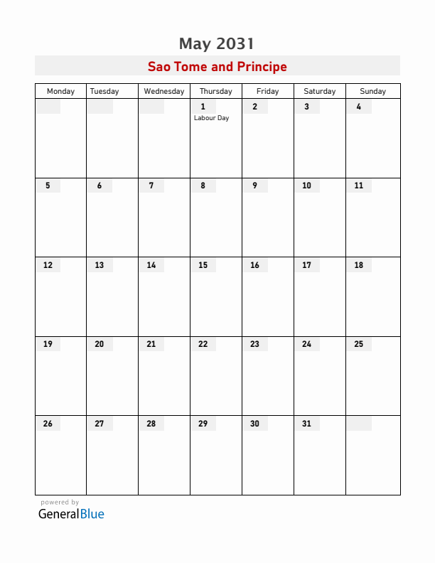 Sao Tome and Principe May 2031 Calendar with Holidays