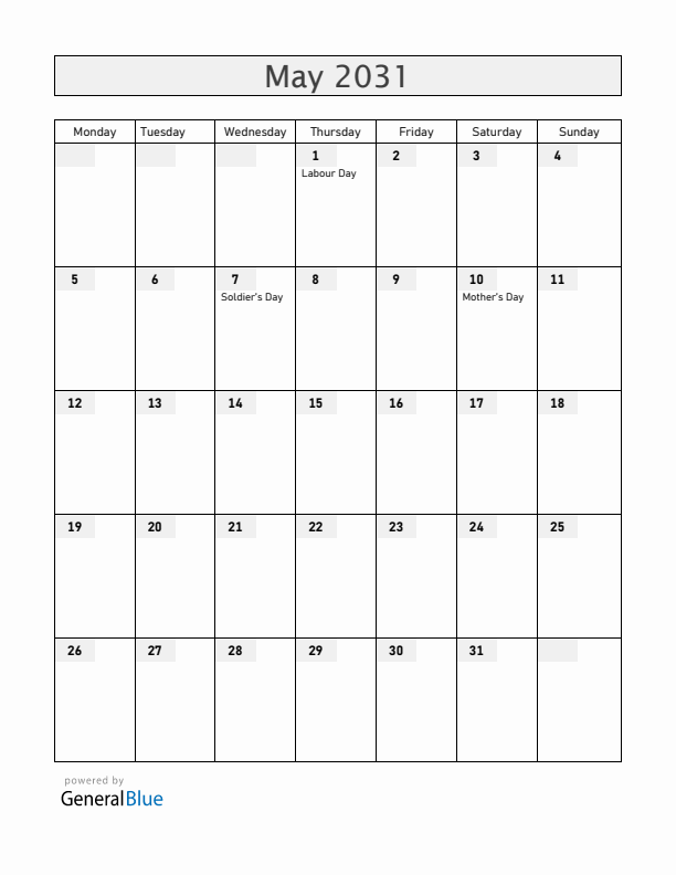 El Salvador May 2031 Calendar with Holidays