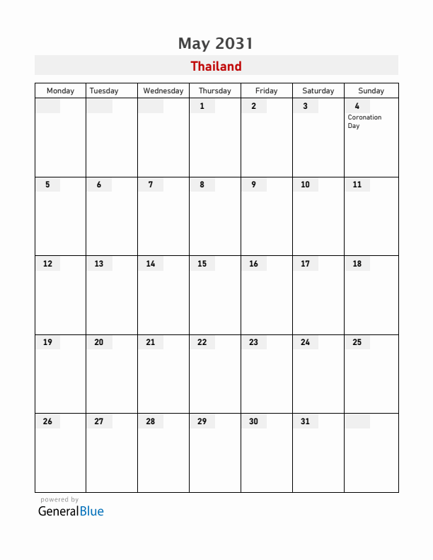 Thailand May 2031 Calendar with Holidays