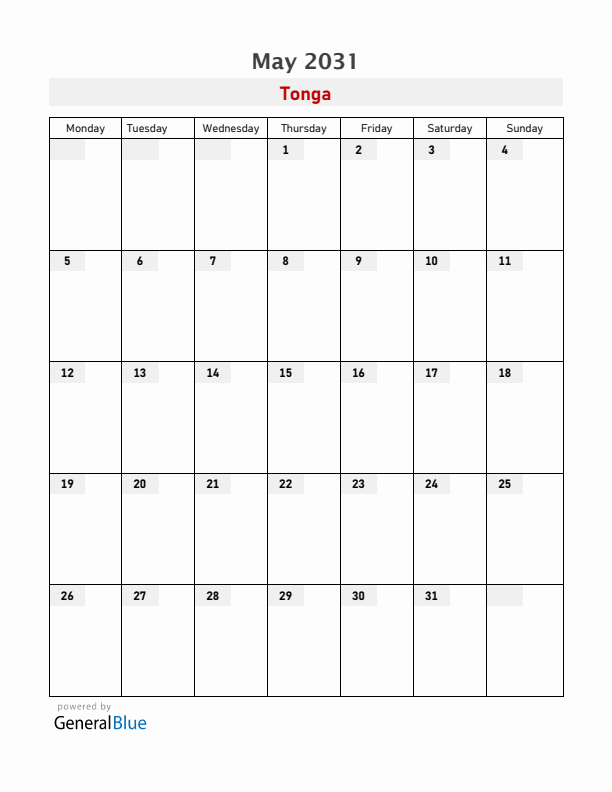 Tonga May 2031 Calendar with Holidays