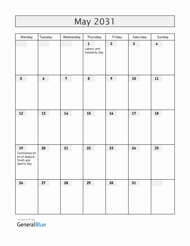 Turkey May 2031 Calendar with Holidays