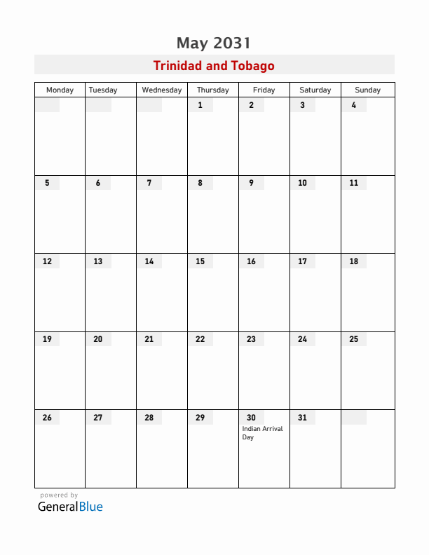 Trinidad and Tobago May 2031 Calendar with Holidays