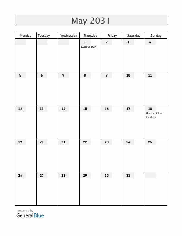 Uruguay May 2031 Calendar with Holidays