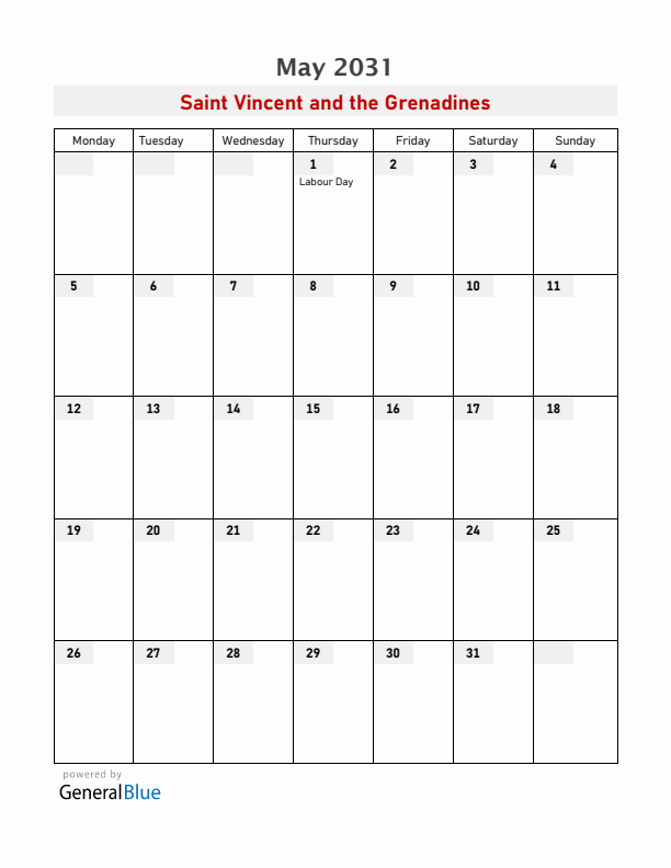 Saint Vincent and the Grenadines May 2031 Calendar with Holidays
