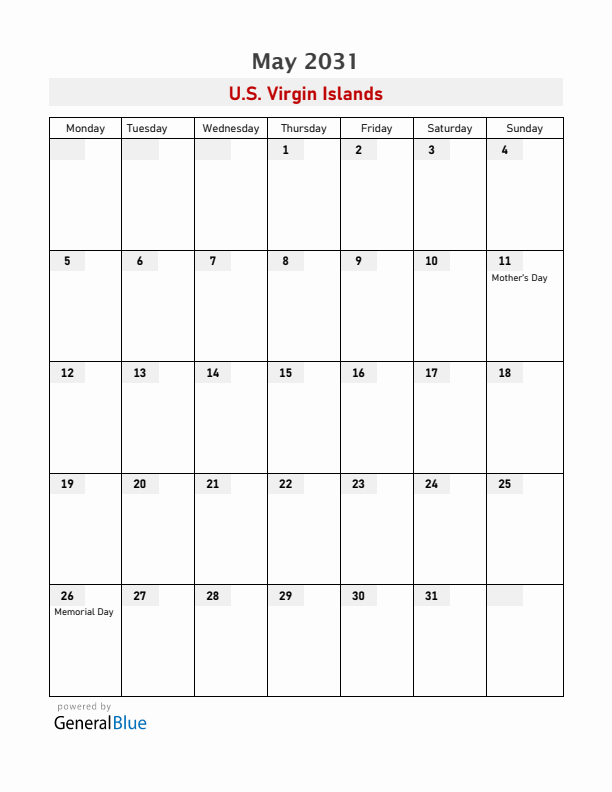 U.S. Virgin Islands May 2031 Calendar with Holidays