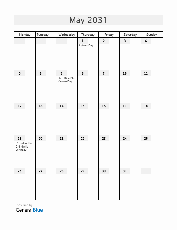 Vietnam May 2031 Calendar with Holidays
