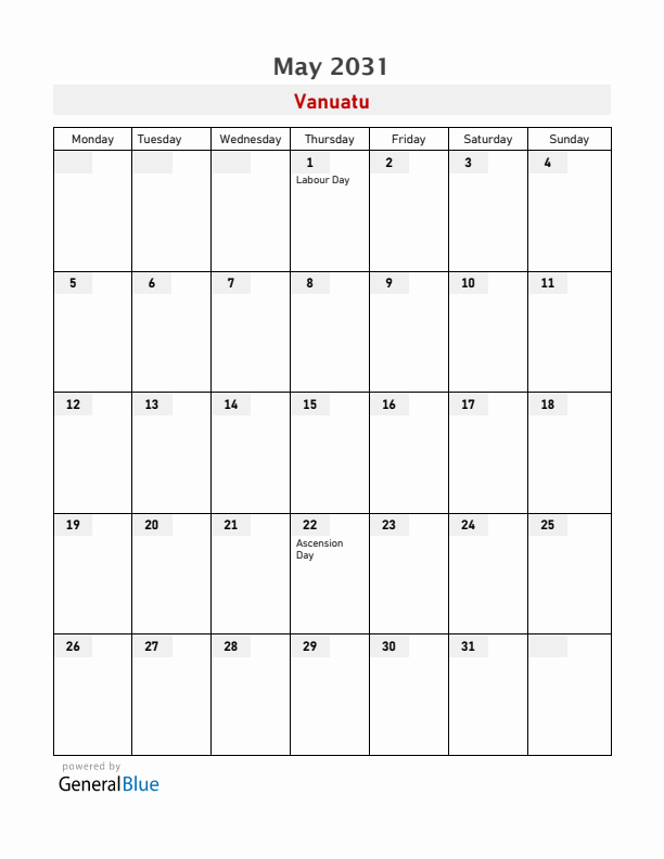Vanuatu May 2031 Calendar with Holidays