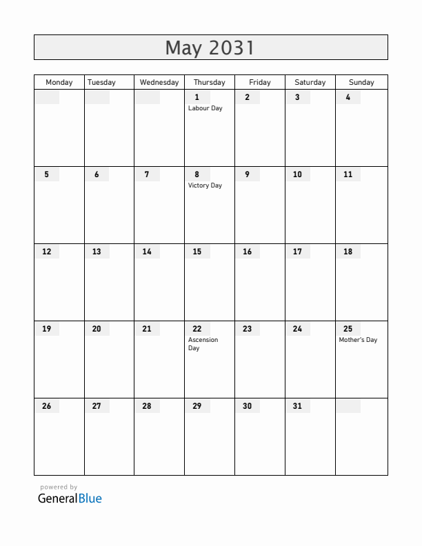Mayotte May 2031 Calendar with Holidays