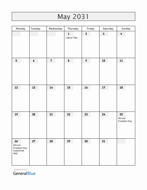 Zambia May 2031 Calendar with Holidays