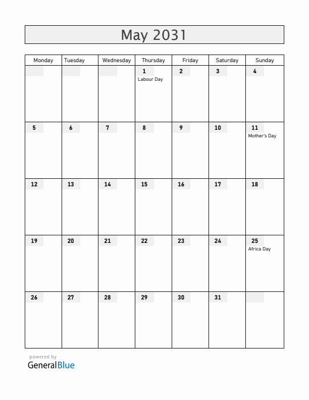 Zimbabwe May 2031 Calendar with Holidays