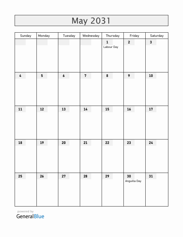 Anguilla May 2031 Calendar with Holidays