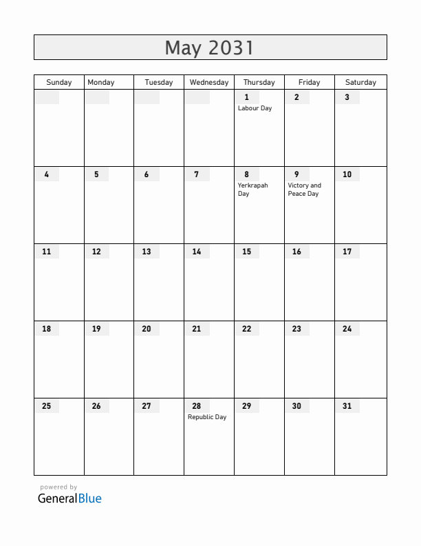 Armenia May 2031 Calendar with Holidays