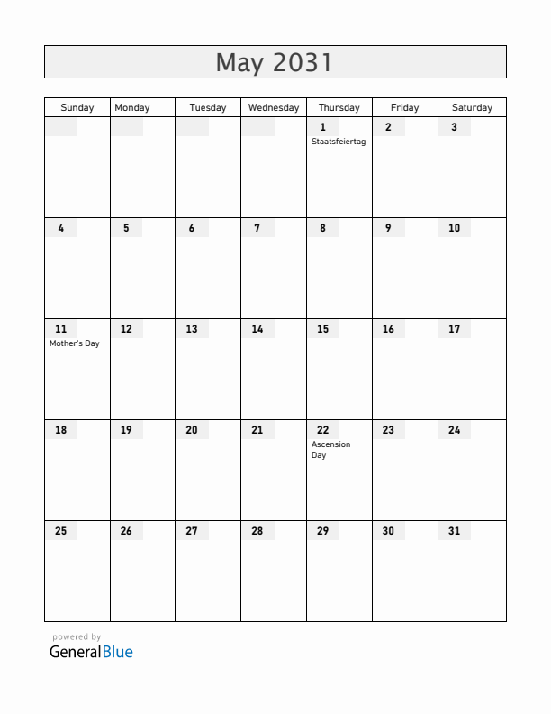 Austria May 2031 Calendar with Holidays
