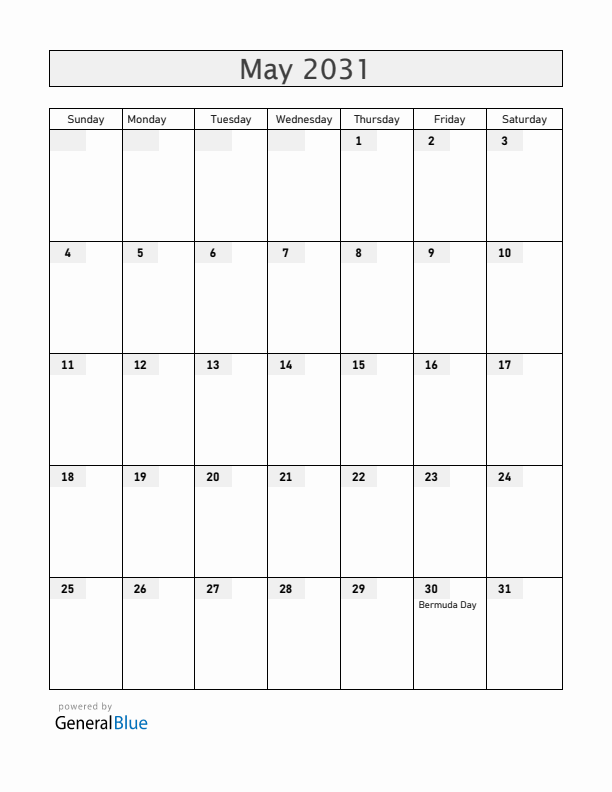 Bermuda May 2031 Calendar with Holidays