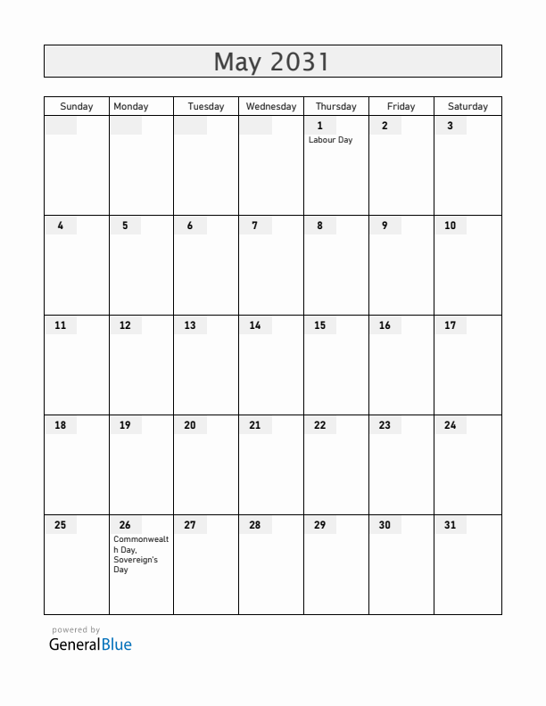 Belize May 2031 Calendar with Holidays