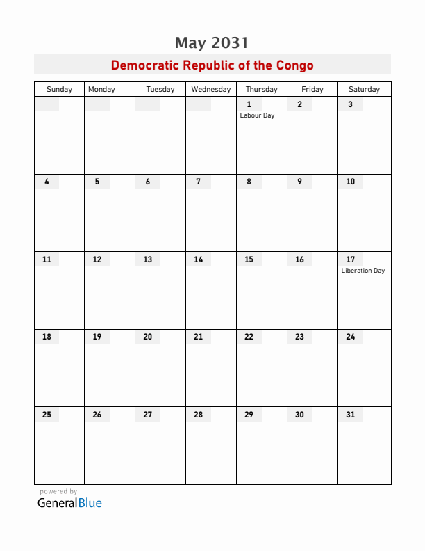 Democratic Republic of the Congo May 2031 Calendar with Holidays