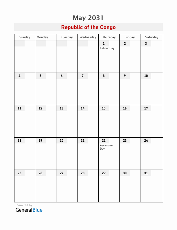 Republic of the Congo May 2031 Calendar with Holidays