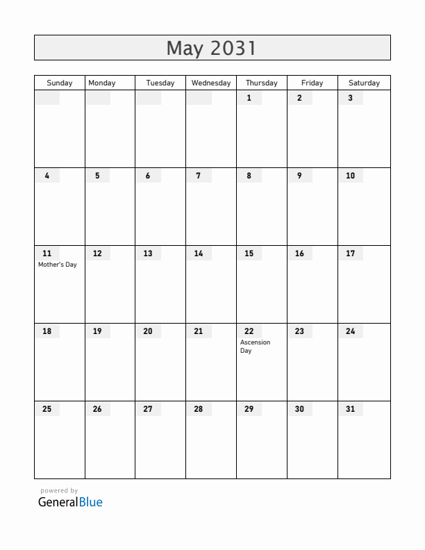 Switzerland May 2031 Calendar with Holidays
