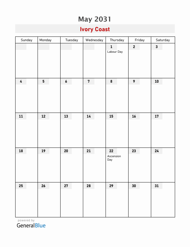 Ivory Coast May 2031 Calendar with Holidays