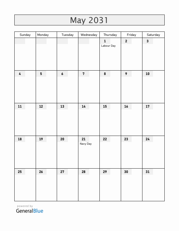 Chile May 2031 Calendar with Holidays
