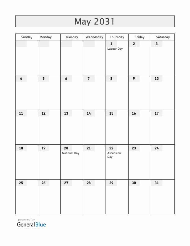 Cameroon May 2031 Calendar with Holidays