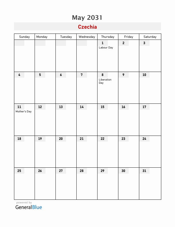 Czechia May 2031 Calendar with Holidays