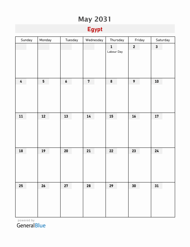 Egypt May 2031 Calendar with Holidays