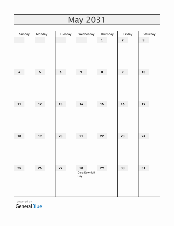 Ethiopia May 2031 Calendar with Holidays
