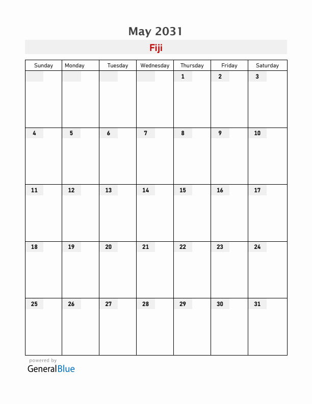 Fiji May 2031 Calendar with Holidays