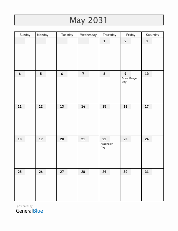 Faroe Islands May 2031 Calendar with Holidays